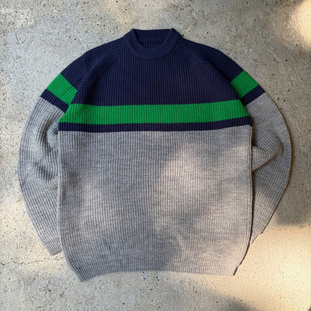 Mens Colorblock Ribbed Knit Sweater Navy Green Grey Raglan Pullover Heavyweight